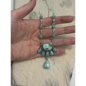 Native American Sterling Silver Hubei Turquoise Half Cluster Necklace Lariat